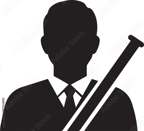 Black vector illustration of a businessman silhouette standing with a gun and a cane symbol in a suit