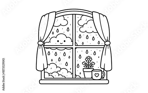 Cute kawaii rain scene viewed through a window with curtains and a potted flower