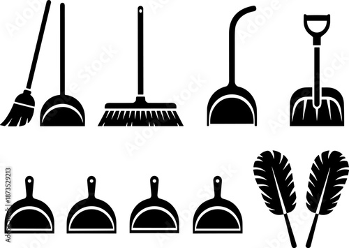 Cleaning and gardening tools silhouette vector set, household brooms dustpans shovels brushes collection for maintenance service design, black icons isolated on white background
