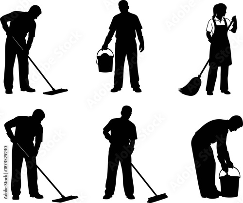 Cleaning service people vector silhouette set, professional staff sweeping, mopping floors, carrying buckets, household chores, sanitation and hygiene concept graphic design.