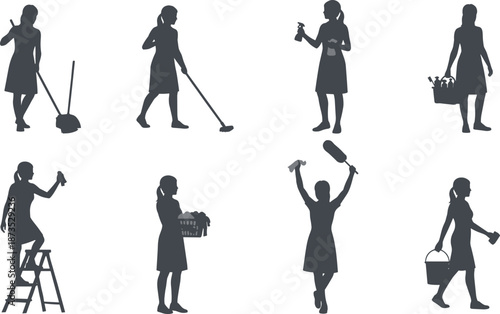 Cleaning service woman silhouettes collection, professional maid performing housework with mop and bucket, housekeeping staff set, domestic janitor icons, isolated vector illustration elements
