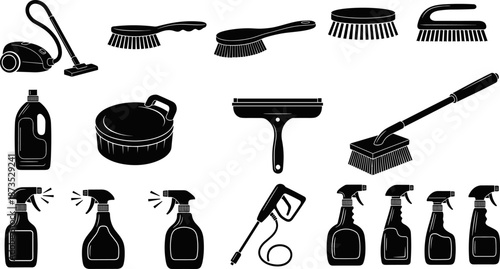 Cleaning tools and supplies silhouette icon set, brushes spray bottles vacuum and squeegee, household hygiene vector illustration isolated on white background