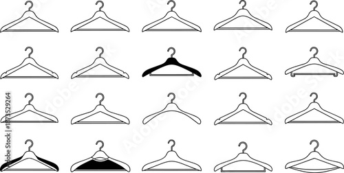 Clothes Hanger Vector Illustration Set, Minimal Black White Outline Wardrobe Apparel Hanging Icons Collection Isolated Clean Simple Line Art Design