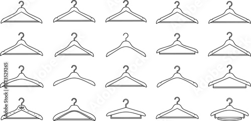 Clothes hanger outlines set, wardrobe and laundry accessories collection, black line vector illustration for clothing storage, retail, fashion design icons