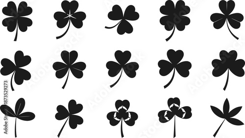 Clover leaf silhouettes collection set, black vector illustration of shamrock symbols for luck themes, St Patrick’s Day design, branding, and decorative projects