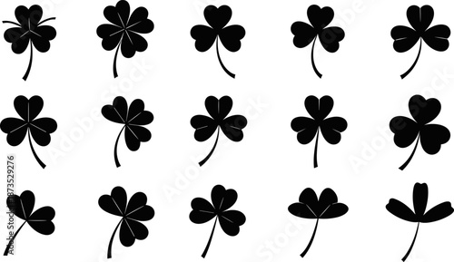 Clover silhouette icon set, black lucky shamrock leaves collection, simple flat vector illustration isolated on white background, minimalist graphic design symbols pack