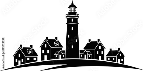 Coastal lighthouse village silhouette vector illustration, seaside town houses, nautical navigation landmark, maritime safety concept, minimal black icon, isolated white background