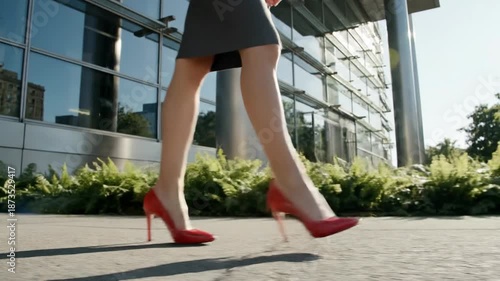 Woman walking in red high heels.