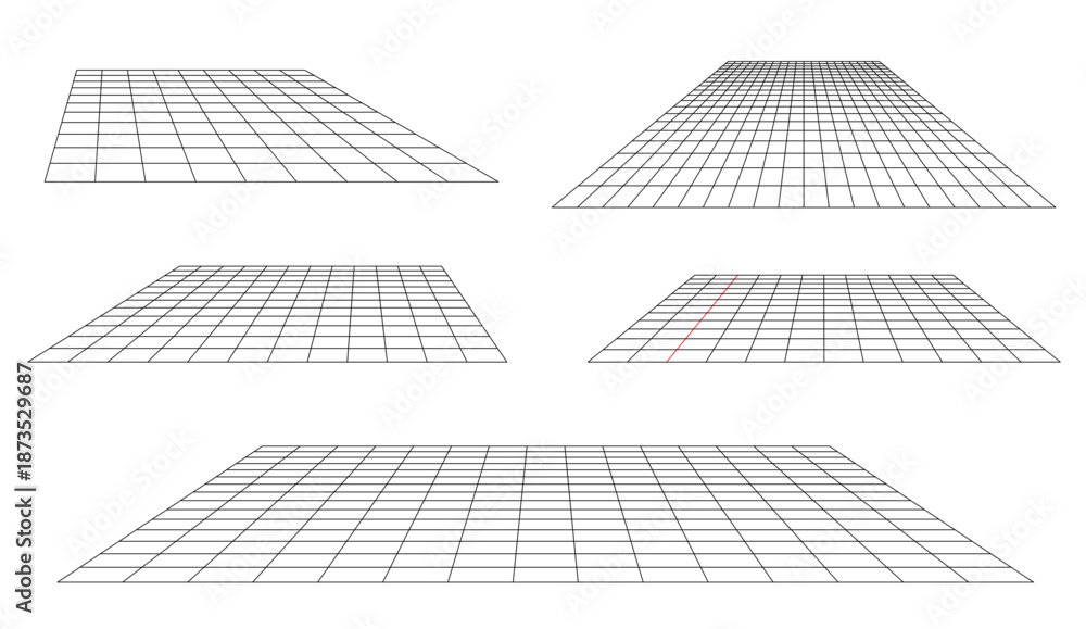 Fototapeta premium floor with grid lines in perspective, set of five designs. black lines on white background. vector illustration. SVG file available only on Adobe Stock.