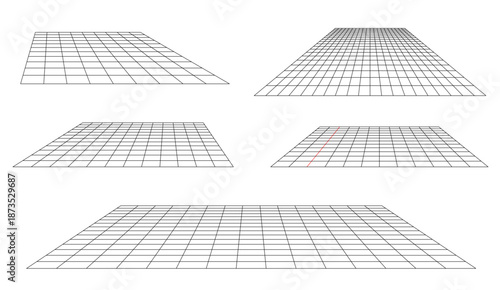 floor with grid lines in perspective, set of five designs. black lines on white background. vector illustration. SVG file available only on Adobe Stock.