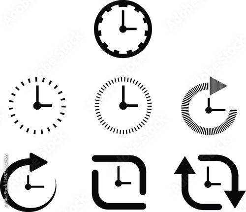 Minimal clock and time management icon set featuring schedule, refresh time, deadline, history, and productivity concepts. Perfect for apps, dashboards, websites, UI UX design, and business presentati