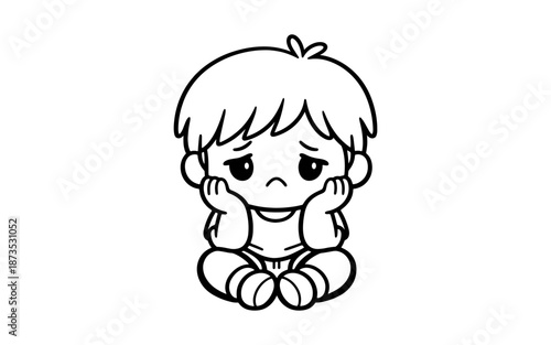 Sad cartoon boy sitting with hands on cheeks, feeling down and lonely