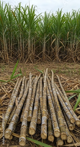 Freshly cut sugarcane stalks lie on the ground in an agricultural field with tall green plants standing in the background, symbolizing a successful harvest and raw material.