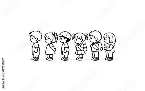 Cute cartoon children in a line, ready for school with backpacks and toys