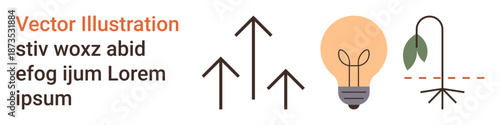 Growth, sustainability, creativity, eco-friendly concepts, innovation, and development. Three arrows, a light bulb and a plant icon with leaves. Growth and sustainability through arrows and plant