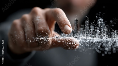 Digitally building a city with a fingertip and glittering particles conceptual