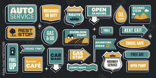 Retro sticker set. Vintage gas station and road trip signs, fuel up badges and service icons. Vector illustration in vintage colors mid century 1950s style on dark background