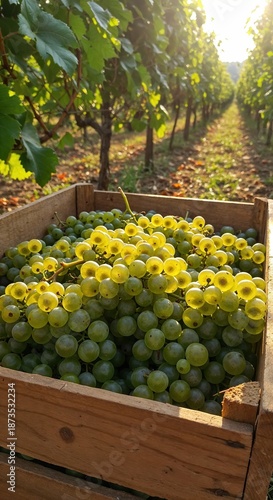 A wooden crate overflows with freshly harvested green grapes under warm sunlight in a picturesque vineyard, symbolizing abundance and nature's bounty.
