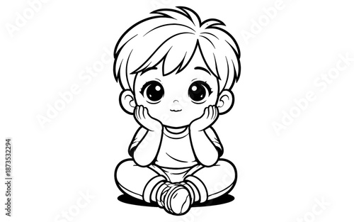 Cute cartoon boy with big eyes sitting cross-legged with hands on cheeks