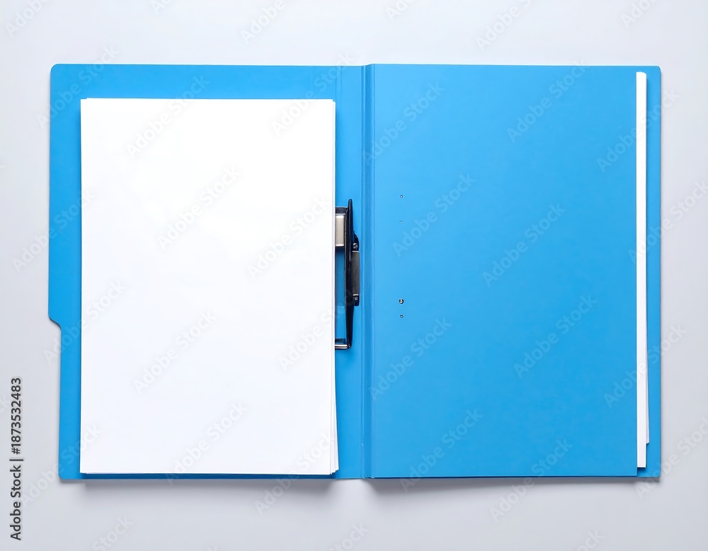 Fototapeta premium Overhead shot reveals open light blue binder, showcasing blank white paper sheets held by a black clip. The backdrop is plain