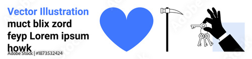 Love, death, theft prevention, safety, symbolism, metaphor. Blue heart, scythe and gloved hand with keys. Love and death highlighted in abstract symbols