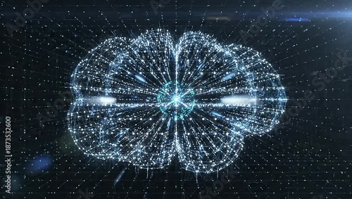 Abstract glowing neural network brain structure with light particles and energy flow.