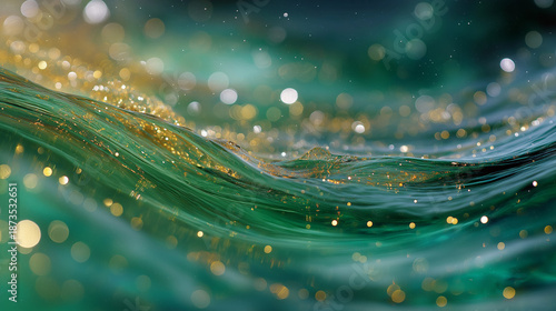 Emerald Gold: Abstract ocean waves with an overlay of shimmering gold particles, a blend of tranquility and opulence.