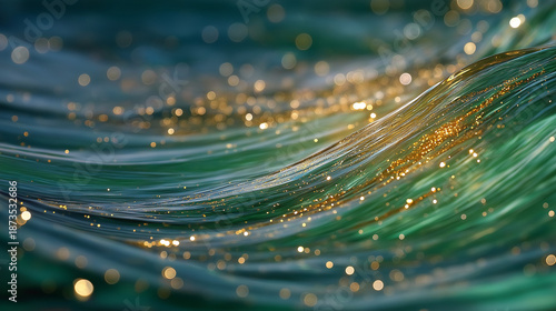 Sparkling Emerald Waves: The dynamic flow of the sea, with intricate emerald waves, accented by shimmering gold particles, inviting a sense of serenity and mystery.