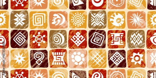 Seamless ethnic pattern, hand-drawn ethnic geometric elements, mosaic of squares, vintage tiles, vector design