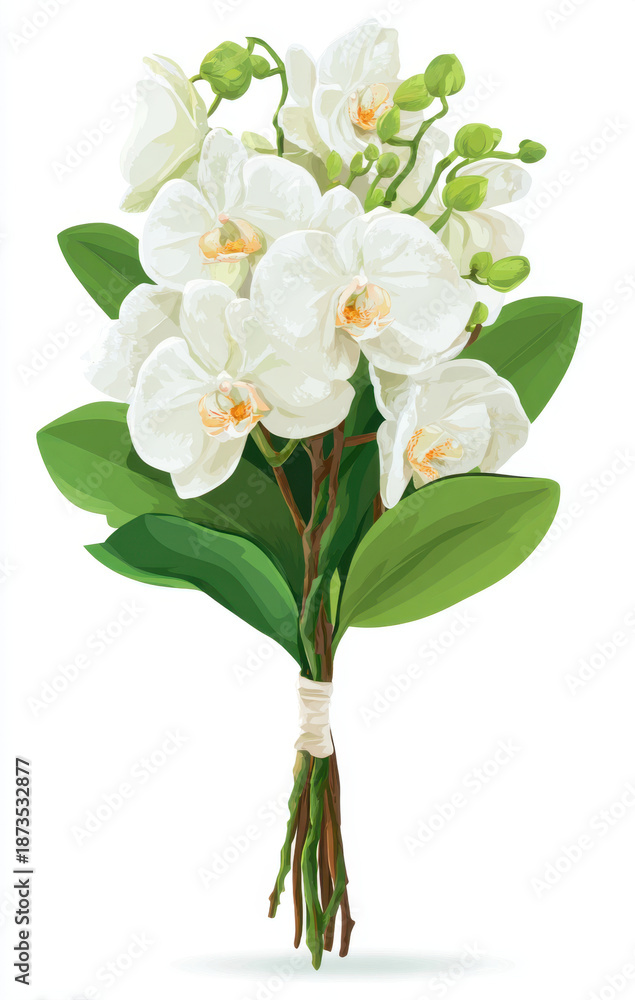 Fototapeta premium Beautiful white orchid wedding bouquet featuring lush green leaves, perfect for romantic occasion. This elegant floral arrangement symbolizes love and purity, making it ideal choice for weddings