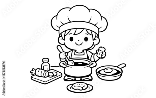 Cute cartoon chef child stirring pot and seasoning food with salt shaker