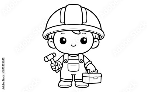 Cute cartoon construction worker child holding a hammer and toolbox, ready for work