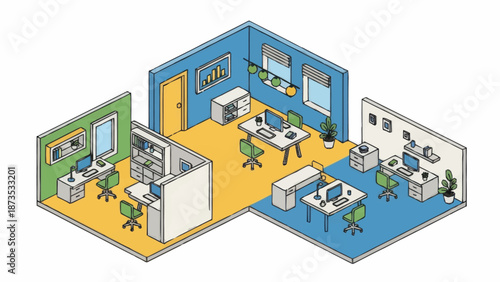 Modern Office Space with Multiple Workstations and Employees.
