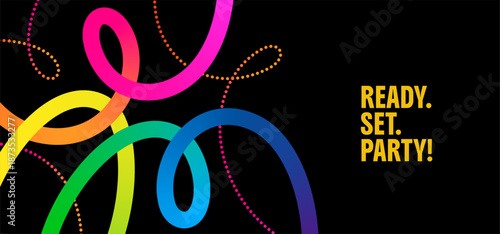 Abstract Color Line Shapes Pattern. 3D Gradient Wave Ribbon. Vector Party Background Design with Bright Gradient Lines and Necklaces.