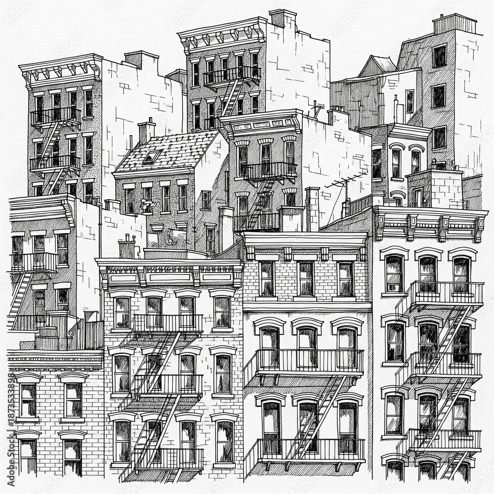 Fototapeta premium Monochrome ink drawing portraying a dense urban cityscape, featuring classic buildings with fire escapes and architectural details, capturing timeless metropolitan essence