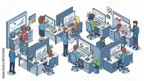 Office workers collaborating at their desks with computers.