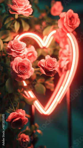 A vibrant red neon heart surrounded by delicate pink roses, embodying the aesthetic of valentine's day.