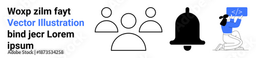 User interface elements, teamwork, coding, notifications, collaboration, digital development. Three people, a bell and a coding activity. Teamwork and notifications concept