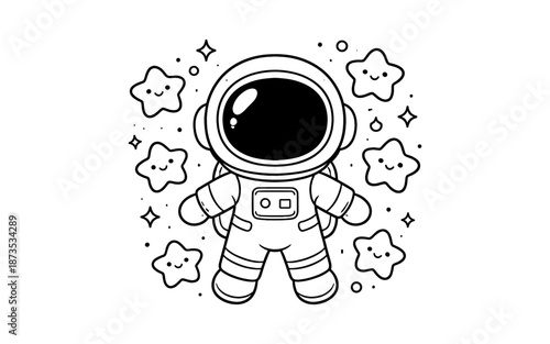 Cute cartoon astronaut floating among smiling stars and sparkles in outer space