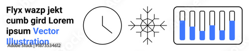 Clock outline, snowflake symbol, and test tubes filled halfway with blue liquid. Ideal for time management, science, research, winter, medical testing, laboratory studies simple landing page