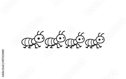 Cute cartoon ants marching in a line on a white background, simple illustration