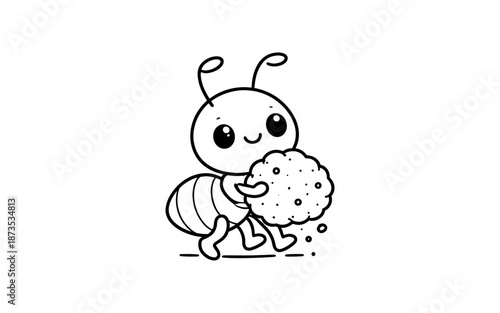 Cute cartoon ant carrying a large crumb or cookie with a happy expression