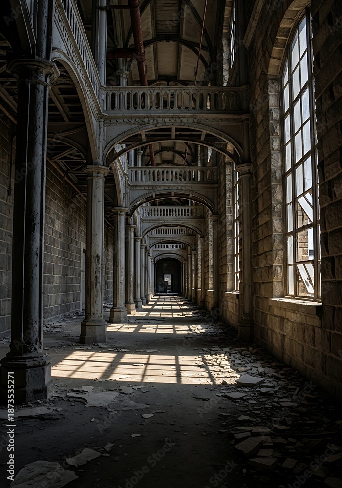 Obraz premium Long abandoned interior corridor features crumbling architecture with dramatic light shafts