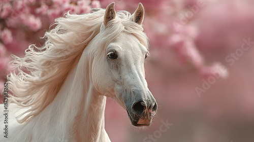 Wallpaper Mural White horse with flowing mane against pink cherry blossom background. Torontodigital.ca
