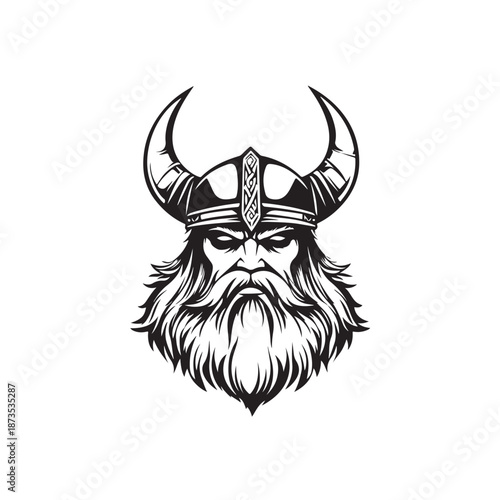 Vector illustration of a Viking warrior head with distinctive details such as a horned helmet, a stern expression, and a strong and masculine art style.