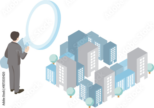Isometric Job Hunting and Company Research Illustration. Business Team Analyzing Corporations for Career