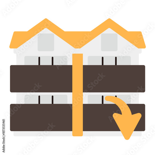 シンプルなアパートのアイコン+下降矢印
