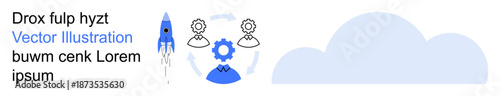 Innovation, teamwork, entrepreneurship, progress, workflow, cloud services. A rocket launch, gear mechanism and collaboration icons with clouds. Innovation and teamwork progress and entrepreneurship