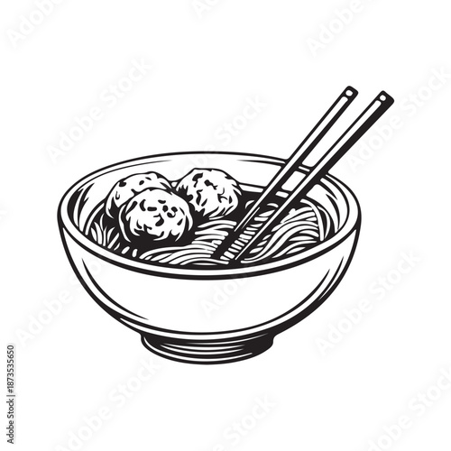 Vector illustration of tomyam food in a bowl containing spicy sauce, meatballs, noodles and Asian complementary ingredients