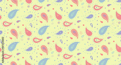 Textile ethereal, romance paisley. Ornamental indian and flowery springtime. Seasonal decorative with dress ornament.